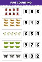 Education game for children fun counting and choosing the correct number of cute cartoon ladybug silkworm cocoon caterpillar butterfly printable bug worksheet vector