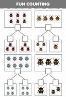 juego educativo para niños diversión contando imágenes en cada caja de hoja de trabajo de error imprimible de mariquita de dibujos animados lindo vector