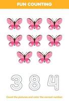 Education game for children count the pictures and color the correct number from cute cartoon butterfly printable bug worksheet vector