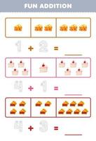 Education game for children fun addition by counting and tracing the number of cute cartoon cheese cake pie printable food worksheet vector