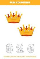 Education game for children count the pictures and color the correct number from cartoon yellow crown printable wearable clothes worksheet vector