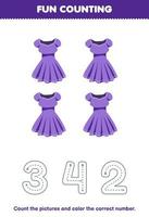 juego educativo para niños cuente las imágenes y coloree el número correcto de la hoja de trabajo imprimible de ropa usable del vestido morado de dibujos animados vector