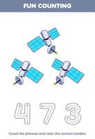 juego educativo para niños cuente las imágenes y coloree el número correcto de la hoja de trabajo imprimible del sistema solar satelital de dibujos animados lindo vector