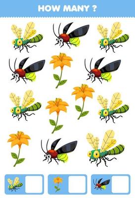 Education game for children searching and counting how many objects of cute cartoon dragonfly flower firefly printable bug worksheet