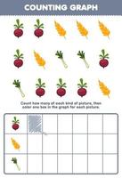 Education game for children count how many cute cartoon beet wheat leek then color the box in the graph printable vegetable worksheet vector