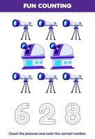 Education game for children count the pictures and color the correct number from cute cartoon telescope and planetarium printable solar system worksheet vector