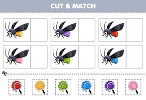 Education game for children cut and match the same color of cute cartoon firefly printable bug worksheet vector