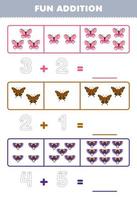 Education game for children fun addition by counting and tracing the number of cute cartoon butterfly printable bug worksheet vector