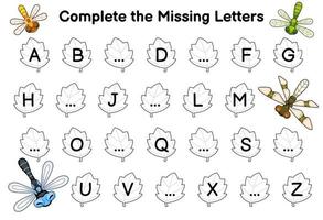 Education game for complete the missing letters with cute cartoon dragonfly picture printable bug worksheet vector