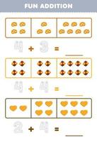 Education game for children fun addition by counting and tracing the number of cute cartoon biscuit printable food worksheet vector