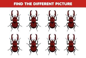 Education game for children find the different picture of cute cartoon beetle printable bug worksheet vector