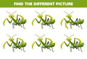 Education game for children find the different picture of cute cartoon mantis printable bug worksheet vector