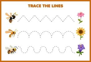 juego educativo para niños práctica de escritura a mano trazar las líneas con una linda abeja de dibujos animados y una hoja de trabajo de error imprimible con una imagen de flor vector