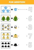 Education game for children fun addition of cartoon t shirt jacket headphone cardigan derby hat then choose the correct number by tracing the line clothes worksheet vector