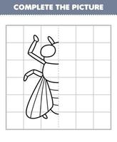 Education game for children complete the picture of cute cartoon fly half outline for drawing printable bug worksheet vector