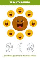 Education game for children count the pictures and color the correct number from cute cartoon circle printable geometric shape worksheet vector