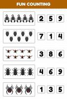 Education game for children fun counting and choosing the correct number of cute cartoon scorpion louse fly beetle spider printable bug worksheet vector