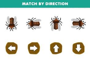 juego educativo para niños emparejar por dirección izquierda derecha arriba o abajo orientación de la hoja de trabajo de error imprimible de cigarra de dibujos animados lindo vector