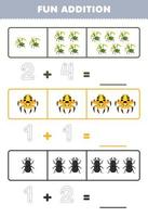 Education game for children fun addition by counting and tracing the number of cute cartoon mantis spider beetle printable bug worksheet vector