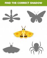 Education game for children find the correct shadow set of cute cartoon moth printable bug worksheet vector