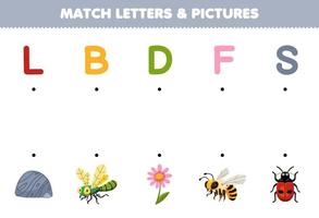 Education game for children match letters and pictures of cute cartoon stone dragonfly flower bee ladybug printable bug worksheet vector