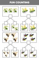 Education game for children fun counting picture in each box of cute cartoon mantis dragonfly bee firefly printable bug worksheet vector