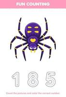 Education game for children count the pictures and color the correct number from cute cartoon spider printable bug worksheet vector