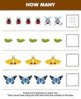 Education game for children count how many cute cartoon ladybug caterpillar moth butterfly and write the number in the box printable bug worksheet vector