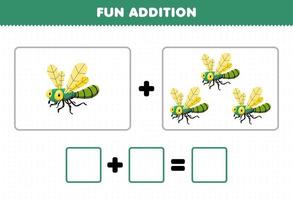 Education game for children fun addition by counting cute cartoon dragonfly pictures printable bug worksheet vector