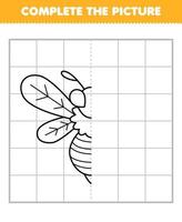 Education game for children complete the picture of cute cartoon bee half outline for drawing printable bug worksheet vector