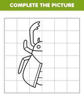 juego de educación para niños completa la imagen del escarabajo ciervo de dibujos animados lindo medio contorno para dibujar hoja de trabajo de error imprimible vector