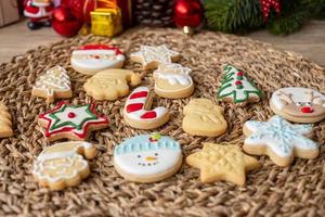 Merry Christmas with homemade cookies on wood table background. Xmas, party, holiday and happy New Year concept photo