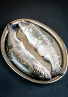 Fresh trouts in ice on the vintage metal tray