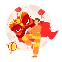 Chinese New Year Adult People with Lion Dance vector