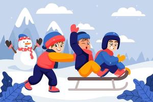 Winter Outdoor Activities Concept with Children Playing Ski vector