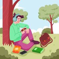 Self Care Concept with Business Man Using Headphone at Garden vector