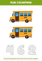 Education game for children count the pictures and color the correct number from cute cartoon bus printable transportation worksheet vector