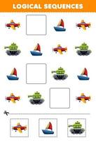 Education game for children logical sequences for kids with cute cartoon airplane sailboat tank printable transportation worksheet vector