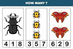 juego educativo para niños contando cuántos dibujos animados lindo escarabajo mariquita polilla hoja de trabajo de error imprimible vector