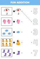 Education game for children fun addition of cartoon umbrella mitten masker raincoat boot then choose the correct number by tracing the line clothes worksheet vector