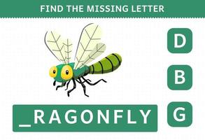 Education game for children find missing letter of cute cartoon dragonfly printable bug worksheet vector