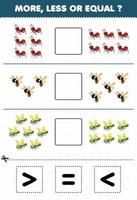 Education game for children more less or equal count the amount of cute cartoon ant bee dragonfly then cut and glue cut the correct sign bug worksheet vector