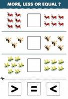 Education game for children more less or equal count the amount of cute cartoon ant bee dragonfly then cut and glue cut the correct sign bug worksheet vector