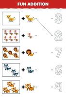 Education game for children fun counting and add one more cute cartoon carnivore animal then choose the correct number by tracing the line worksheet vector