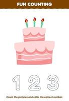 Education game for children count the pictures and color the correct number from cute cartoon cake printable food worksheet vector