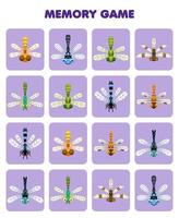 juego educativo para la memoria de los niños para encontrar imágenes similares de la hoja de trabajo de error imprimible de la linda libélula de dibujos animados vector
