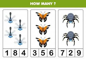 juego educativo para niños contando cuántos dibujos animados lindo libélula mariposa araña hoja de trabajo de error imprimible vector