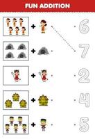 Education game for children fun counting and add one more cute cartoon costume set then choose the correct number by tracing the line halloween worksheet vector