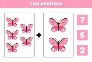 juego de educación para niños diversión adición por conteo y elija la respuesta correcta de la hoja de trabajo de error imprimible de mariposa rosa de dibujos animados lindo vector