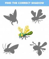 Education game for children find the correct shadow set of cute cartoon dragonfly printable bug worksheet vector